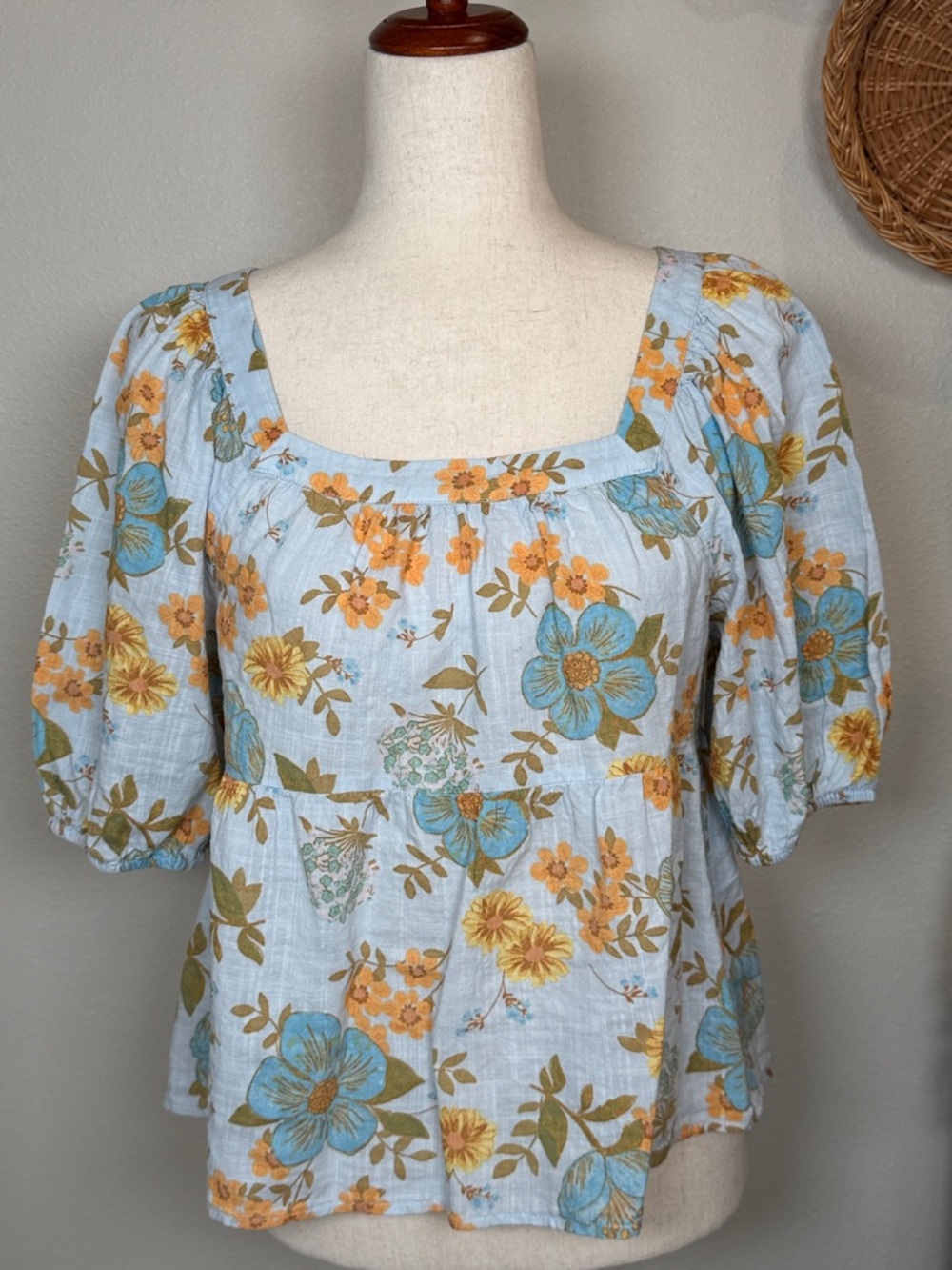 Boho Floral Prairie 3/4 Sleeve Tie Back Blouse Shirt Cottagecore Top Size Small